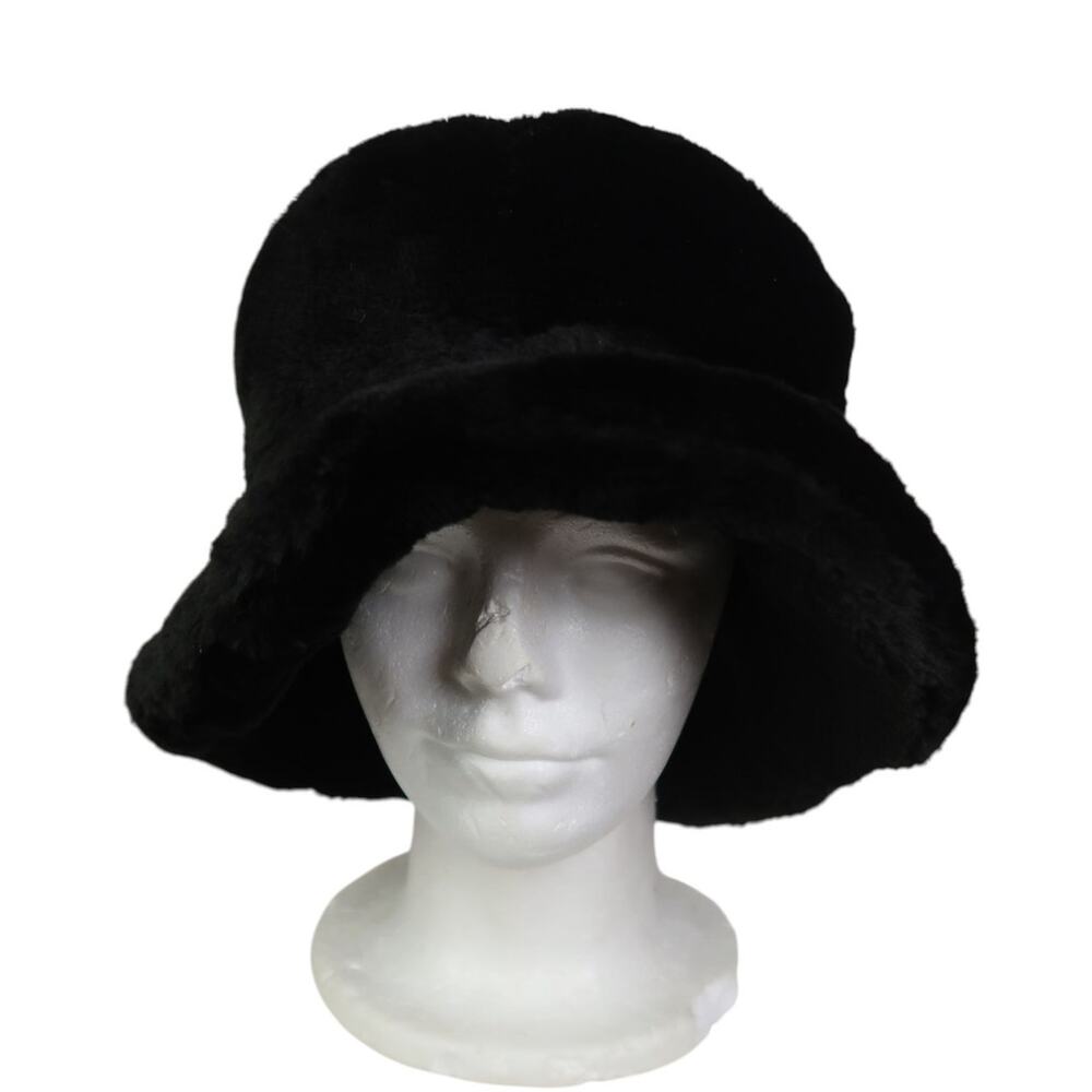 Vintage 90s Black Faux Fur Fluffy Bucket Hat